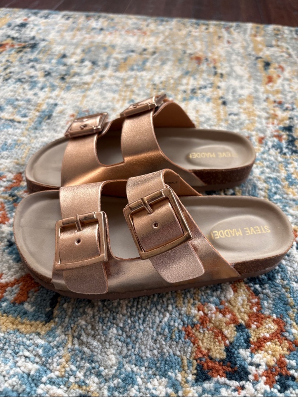 Steve Madden Kids Metallic Rose Gold Double-Buckle Slides Size 12